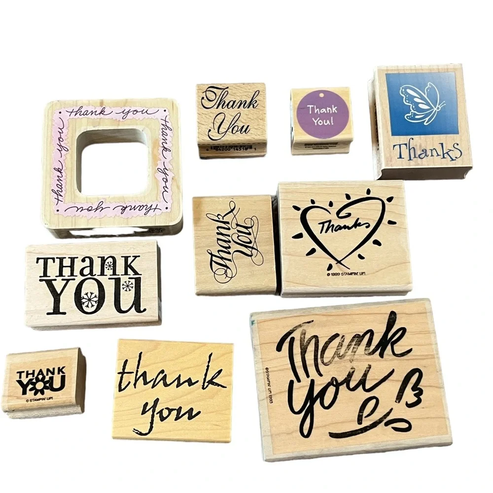Lot of 10 thank you rubber stamps. Most of the stamps are brand new.